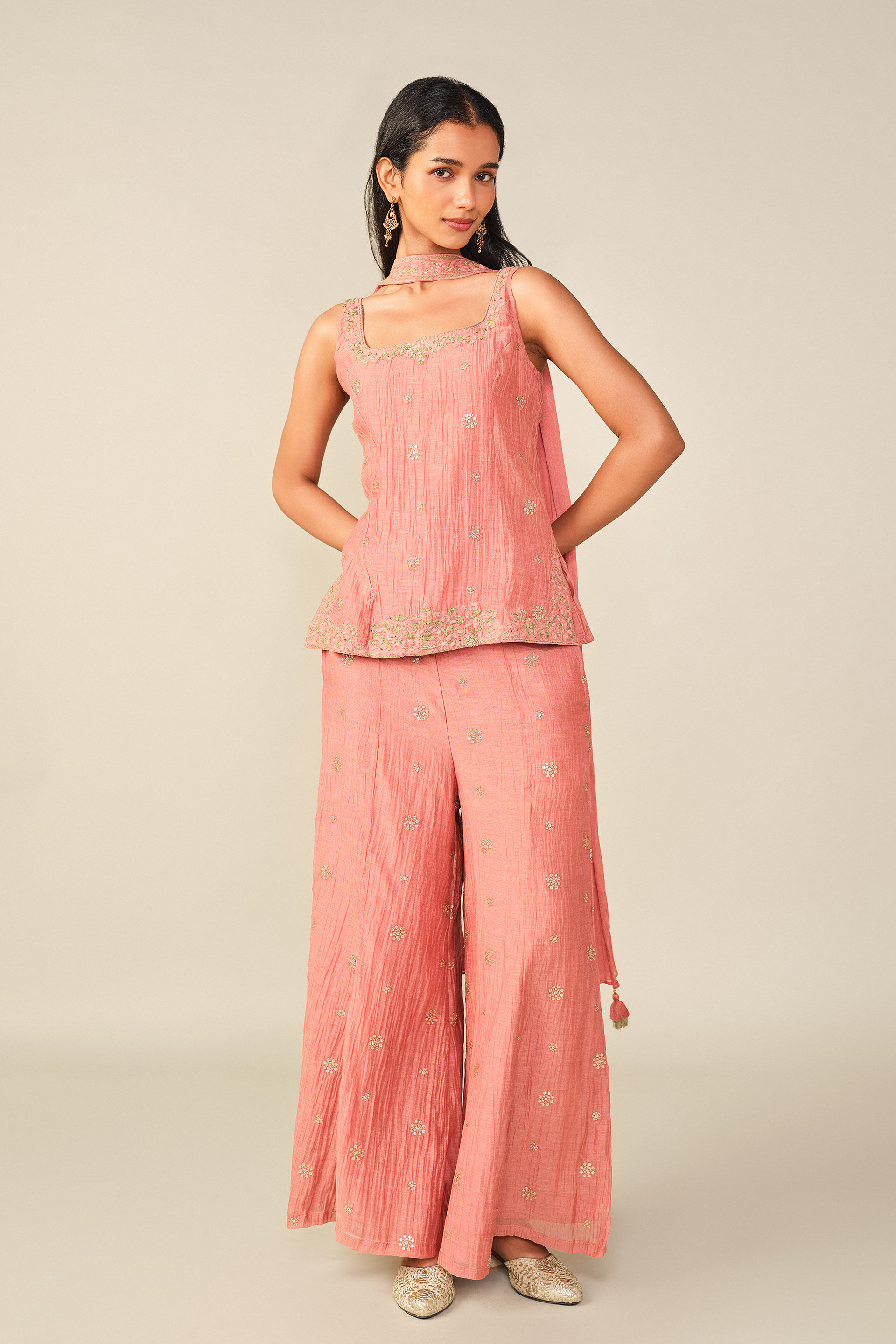 Fitted Embroidered Palazzo Set in Salmon